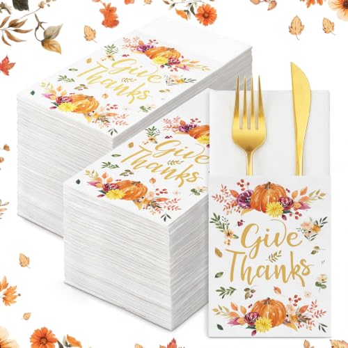 Potchen 100 Linen Feel Napkins Disposable Cloth Like Napkins Prefolded Hand Towel with Built-in Flatware Pocket Cocktail Hand Towel for Wedding Bridal Shower Supplies(100 Pcs,Thanksgiving Pumpkins)