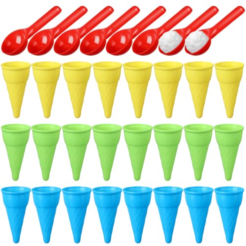 Potchen 32 Pack Plastic Ice Cream Cones Cups and Scoop Set, Beach Sand Toys for Kids, Summer Sandbox Ice Cream Mold Set for Sensory Table, Outdoor Play Backyard Seaside Activities (Vibrant Color)