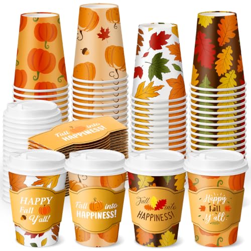 Potchen 48 Pack 12 oz Fall Coffee Cups with Lids and Sleeves Disposable Paper Hot Cups Bulk for Thanksgiving Harvest Autumn Party Cup for Espresso Tea Thanks giving Supplies (Fall Harvest)