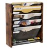 Pouhucy Hanging Wall File Organizer, 6 Tier Rustic Wall Mount Storage Rack for Office Documents, Magazines, File Folders, Mail & Envelopes, Brown