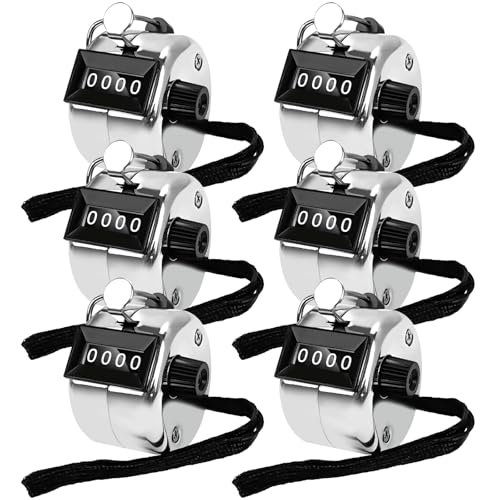 POXXU 6 Pack Clicker Counter,Metal Hand Tally Counters Clicker with Black Nylon Lanyard,4 Digit Display Pitch Counter for Knitting,Coaching,Golf,Lap,Fishing,Umpire,Baseball,Row Sport (Silver Color)