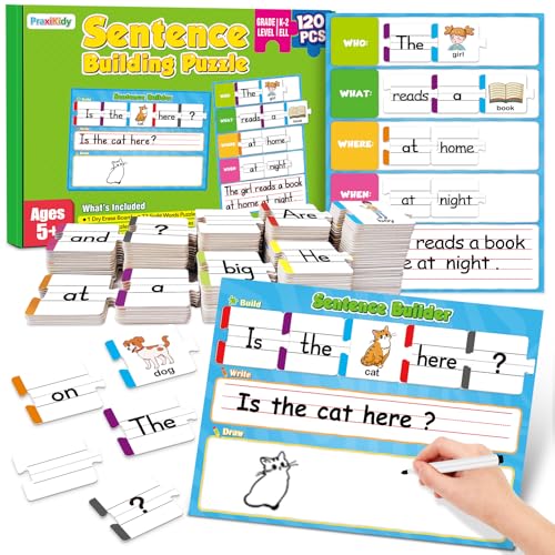 PraxiKidy Sentence Building for Kids,Sight Word Puzzles for Kindergarten 1st 2nd Grade,Speech Therapy Materials ESL Special Education Classroom Must Haves Reading Games Learning Activities Homeschool