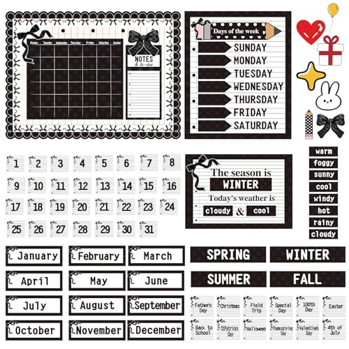 Preboun 169 Pcs Schoolgirl Classroom Decor Black Bow Calendar Bulletin Board Border Set Seasons Weather Chart Classroom Display with Stickers Decoration for School Wall Library Bedroom