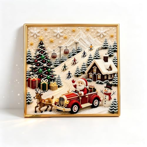 Premium 3D Pearl Christmas Wall Art Kit, Faux Bead Embroidery Craft Set, Santa Train Reindeer Snowman Canvas Decor, Winter Seasonal Relaxing Hobby Gift for Adults Beginners Women (Type-A)