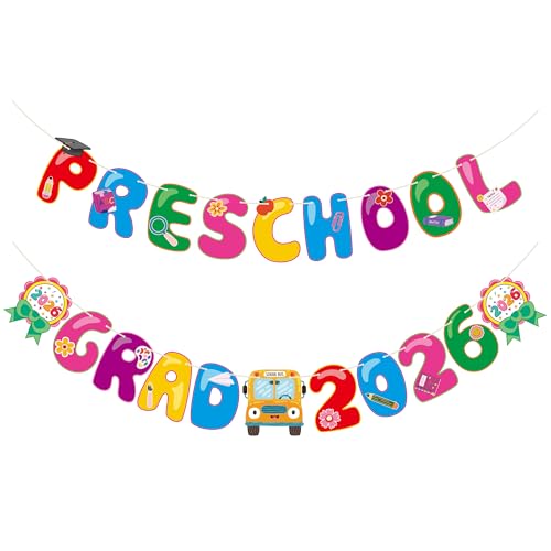 Preschool Graduation Banner 2026, No DIY Preschool Graduation Decorations Class of 2026 Preschool Grad 2026 Banner for Preschool Graduation Party Decors, Preschool Grad Banner
