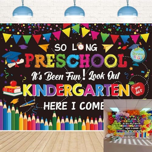 Preschool It's Been Fun Look Out Kindergarten Here I Come Banner Backdrop 8x6FT Preschool Graduation Photo Background PRE-K Graduation Party Decorations Supplies Photo Props
