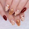 Press on Nails Medium Oval Fake Nails, Bow, Brown, Wind Red