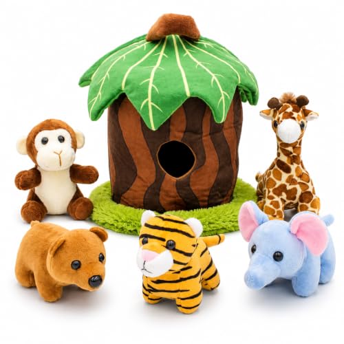 PREXTEX Garden Theme Stuffed Animal Toy Set – Plush Tree House with 5 Plush Animals, 6-Piece Playset, 28 cm Tree House & 12 cm Stuffed Animals, Soft Educational Gift for Toddlers & Kids Ages 3+