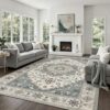 PRIMEAX 9 * 12ft Washable Vintage Area Rug, Non-Slip Backing Low Pile Large Carpet for Living Room Bedroom Dining Room Farmhouse Home Decor
