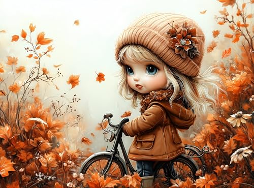 Prime Time Puzzles 1000 Piece Jigsaw Puzzle for Adults - Cute Girl with Bicycle in Colorful Fall Leaves and Flowers - Challenging Puzzle Perfect for Game Nights - 20x27 inches (Autumn's Grace)