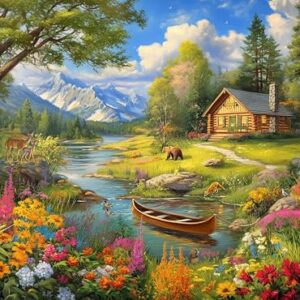 Prime Time Puzzles Adult Jigsaw Puzzle Log Cabin Mountain Lake