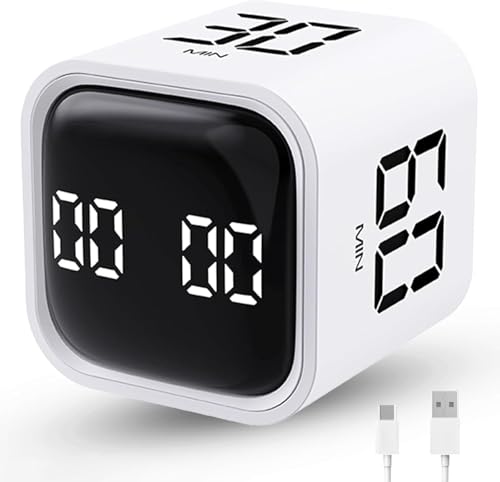 Productivity Timer Flip Gravity Sensor Cube Timer Countdown & Countup,Mute & Vibrate & Sound,5/10/30/60min & Custom Timing, Perfect for ADHD,Work,Learning,Kitchen Cooking (1White)