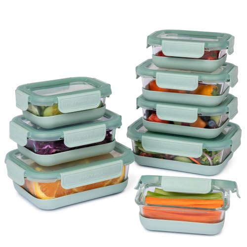 ProKeeper Borosilicate Glass Food Storage Containers W Airtight Leak-Proof Snap-Lock Lids Removable Silicone Bases, Assorted Sizes Oven Freezer & Microwave Safe BPA-Free, Mint (16-Piece Everyday Set)