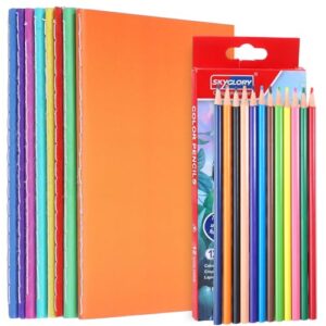 Prudiut 8 Pack Blank Books for Artist with 12 Colored Pencils, A6 Theme Sketchbook Set, 4.1x5.5 inch Mini Journals for Writing Stories, Bulk Notebooks Gifts