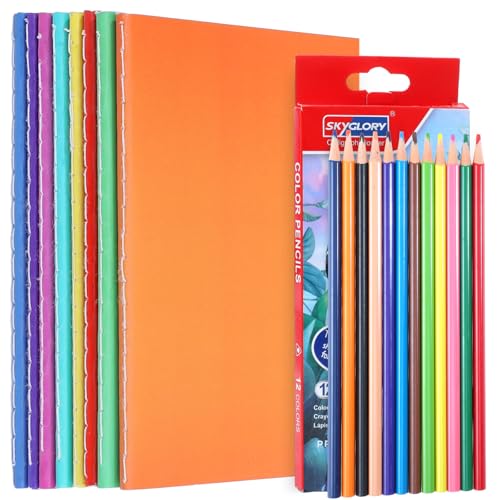 Prudiut 8 Pack Blank Books for Artist with 12 Colored Pencils, A6 Theme Sketchbook Set, 4.1x5.5 inch Mini Journals for Writing Stories, Bulk Notebooks Gifts