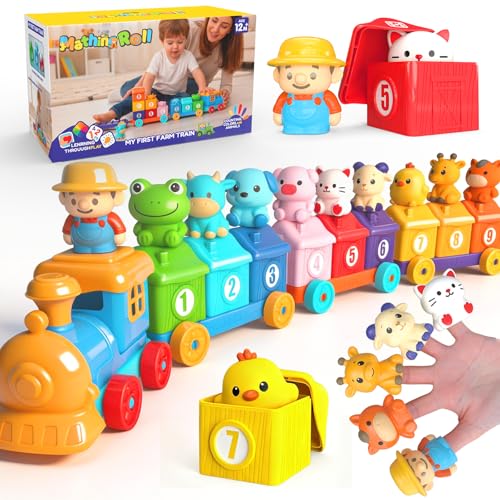 PULASIDO Toddler Learning Toys for 2 3 Year Old, Counting Matching & Sorting Montessori Train Set with 9 Farm Animals Finger Puppets, Birthday Gift for Baby Boys Girls
