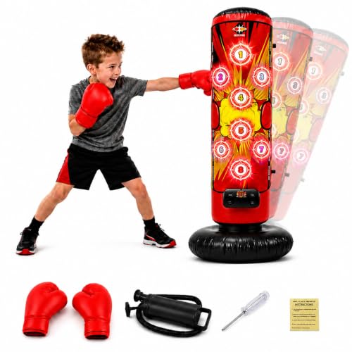 Punching Bag for Kids, Inflatable Boxing Bag Set with LED Targets, Scoring, Light, Music, 4 Game Modes, Memory Challenge & 2-Player Battle, Active Play Boxing Toy Gift for Boys Girls Ages 4-15