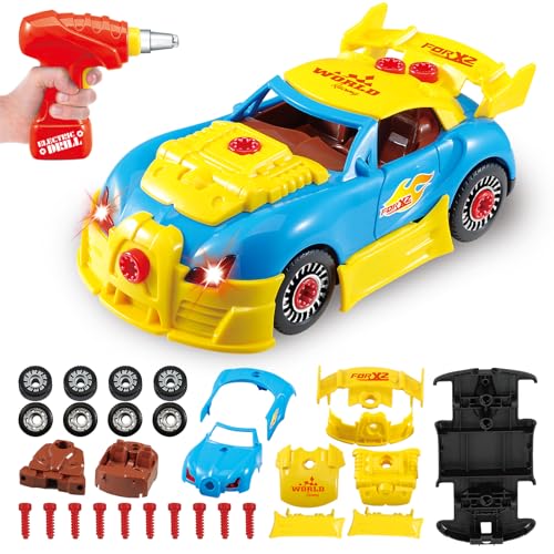 Pup Go Construction Toys for Kids 3 4 5 Years, Take Apart Toy Racing Car, 30 Pieces Building Toys with Electric Drill, Build Your Own Car, Realistic Sounds & Lights, Buildable Gifts (4 Spare Screws)