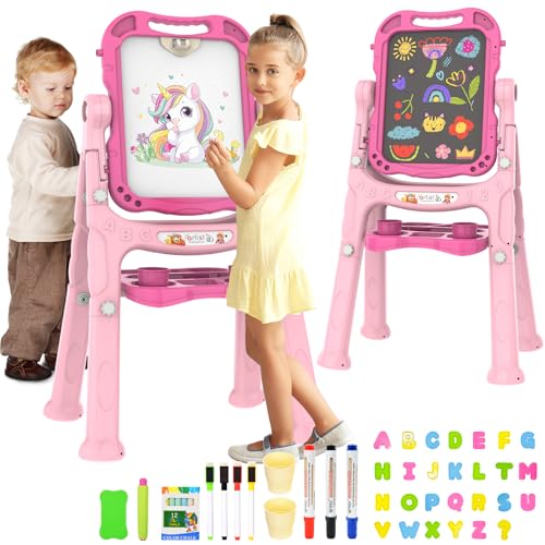 PUPPSITTY Easel for Kids, Adjustable Standing Rotatable Double Sided Art Easel for Toddlers with Painting Accessories, Birthday Christmas Gift for Little Boys and Girls