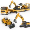 Pupu Pig Kids Toys for 3 4 5 6 7 Years Old Boys, Die-cast Construction Toys Set w/Semi Truck, Excavator, Bulldozer, Alloy Engineering Construction Vehicles Truck Toys w/Lights & Sounds, Model Cars
