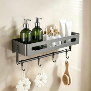 PureBox Adhesive Shower Caddy, Shower Shelf for Inside Shower No Drilling, Carbon Steel Stick On Shower Organizer with Towel Bar & Hooks, Removable Bathroom Shelf Storage Rack (Gray)