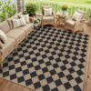 PureCozy 9x12 Checkered Easy Jute Area Rug for Living Room Large Checkerboard Washable Indoor Outdoor Carpet Farmhouse Patio Office Mat Textured Diamond Non Slip Black Carpet for Backyard Dining Room