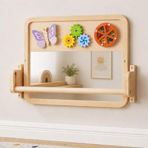 PUREFULL 3 in 1 Montessori Mirror with Bar, Upgraded Pull Up Mirrors for Toddlers with 3 Sensory Toys, Solid Wood Wall Mounted Standing Support Mirror for Nursery Playroom, Shatterproof