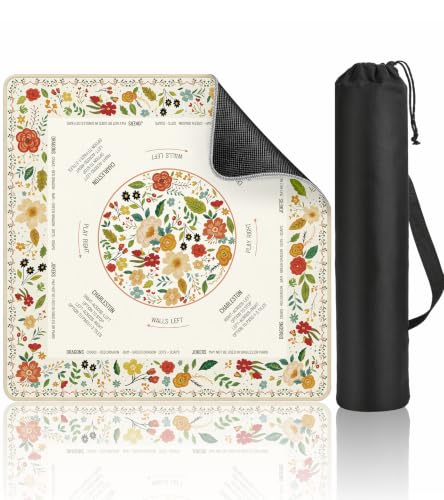 Puresora Travel Mahjong Mat Table with Rules Mah Jong Mat Neoprene Chinoiserie Floral Majong Learning Mat Instructions Mahjong Gifts Women Unique Non-Slip Rubber Pad, 21" x 21", Color Flower