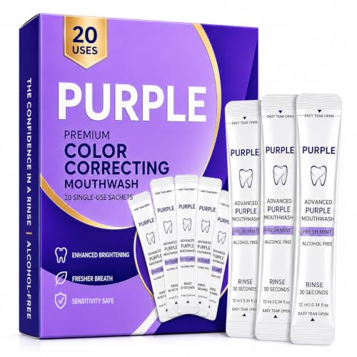 Purple Mouthwash Whitening Packets, Teeth Whitening Mouthwash, Purple Color Correcting Mouth Wash for Fresh Breath, Alcohol-Free & Peroxide-Free Travel Mouthwash Sachets, Mint, 20 Pack