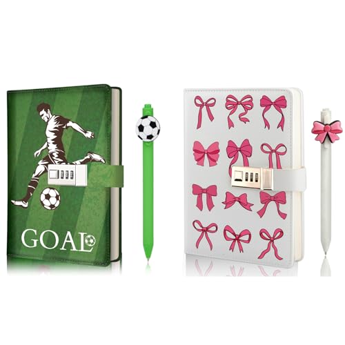 Purtarly Soccer Diary with Lock for Boys Ages 8-12, Pink Bow Journal for Teen Girls with Pen, Coquette Preppy Secret Diary Notebook for Girls