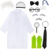 Puteraya 12 PCS Old Man Mad Scientist Costume Crazy Doctor White Lab Coat Physicist Grandpa Cos for Halloween Cosplay Party (XL)