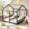 PVWIIK Twin Size Double Montessori Floor Bed with Fence & Roof Design for Two Kids Teens Boys Girls Bedroom,Easy Assemble Ground Bed Frame,Black