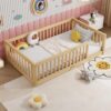 PVWIIK Twin Size Montessori Toddler Floor Bed with Wood Slats for Girls and Boys, Wood Montessori Bed Frame with Safety Guardrails, No Box Spring Needed, Natural