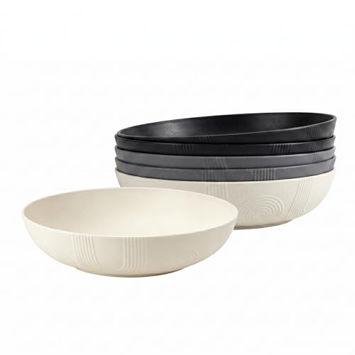PYRMONT Large Salad Bowls 65 Oz Wheat Straw Large Serving Bowls 6 Pcs Unbreakable Bowls for Kitchen Microwave & Dishwasher Safe Shallow Bowls 10 Inch Bowl Plates for Camping,Party-Grey Stone