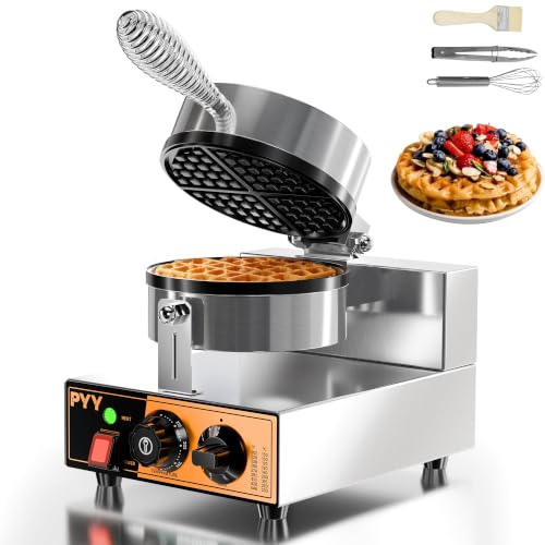 PYY Commercial Waffle Maker - 20Pcs/H Round Belgian Waffle Iron, Non-Stick Stainless Steel Waffle Baker Machine with Temp & Timer Control, for Home Kitchen, Restaurant, Snack Bar 1300W