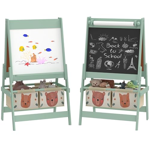 Qaba Art Easel for Kids with Paper Roll, 3 in 1 Toddler Painting Easel with Blackboard, Whiteboard, Storage Baskets, Green, Fox and Bear