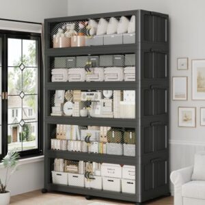 QAVABIN 1200QT Extra Large Stackable Storage Bins with Lid, 300Gal Plastic Closet Organizers and Storage Drawer, Collapsible Cabinet Box with Wheels Clear Doors for Home Kitchen Office, 5Pack Black