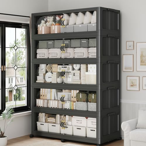 QAVABIN 1200QT Extra Large Stackable Storage Bins with Lid, 300Gal Plastic Closet Organizers and Storage Drawer, Collapsible Cabinet Box with Wheels Clear Doors for Home Kitchen Office, 5Pack Black