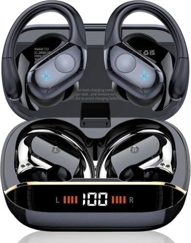 Qecnato Wireless Earbuds Bluetooth 5.4 Headphones 75H Stereo Deep Bass Sports Over Ear Buds with Earhooks, LED Display Bluetooth Earbuds with 4 ENC Mic, IP7 Waterproof Earphone for Running, Black
