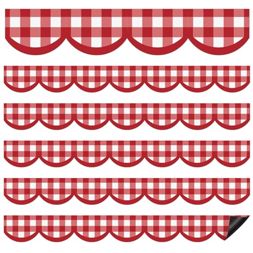 Qeeenar 24 Pcs Red Scalloped Gingham Magnetic Borders for Classroom Whiteboard Magnetic Strips Checkerboard Bulletin Board Borders 1.5 x 11.8 Inch Classroom Chalkboard Trim Decoration for School