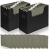 Qeeenar 2 Pcs Desktop Hanging File Organizer Box with 10 Pcs Army Green Hanging File Folders Letter Size Folder Storage Portable Storage Cabinets Document Holder for Office Supplies Home