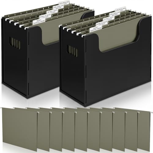 Qeeenar 2 Pcs Desktop Hanging File Organizer Box with 10 Pcs Army Green Hanging File Folders Letter Size Folder Storage Portable Storage Cabinets Document Holder for Office Supplies Home