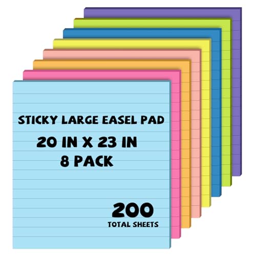Qeeenar 8 Pack Big Lined Sticky Easel Pads 20x23 Inch Self-Stick Flip Chart Paper, 8 Assorted Bright Colors Large Sticky Notes for Office School Whiteboard Meeting Presentation Classroom