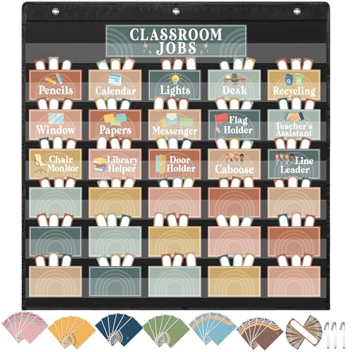 Qeeenar Classroom Jobs Pocket Chart Boho Class Management Educational Schedule Classroom Pocket Holder Daily Schedule Chart for Back to School Library Teacher Must Have Supplies (Modern Boho)
