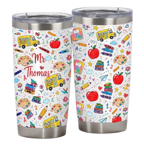 QEENLAMARTSY Personalized Gift Cute Bus Apple Backpack Pencil Book Coloring Pencil Pattern Back to School Coffee Cup First Day of School Teacher Appreciation Gift 20 Oz Stainless Steel Water Bottle