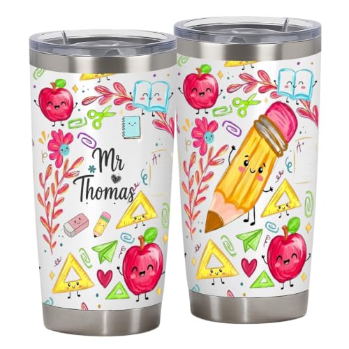 QEENLAMARTSY Personalized Gift Cute Pencil Apple Ruler Kawaii Doodle Back to School Coffee Cup Teacher Appreciation End of Year Gift for Educator 20 Oz Stainless Steel Water Bottle