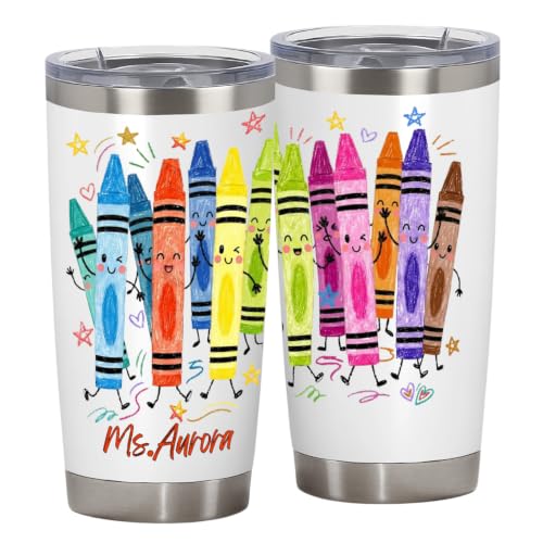 QEENLAMARTSY Personalized Gift Funny Coloring Pencil Kawaii Characters Back to School Coffee Cup Teacher Appreciation Lover Gift for Educator 20 Oz Stainless Steel Water Bottle