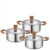 Qianly Kitchen Cooking Utensils Stainless Steel Cookware Set Pots Pans Stockpot Saucepan With Glass Lids Even Heating Flat Base Sleek Appearance Build, Wood Grain Handle, 16-18-20CM
