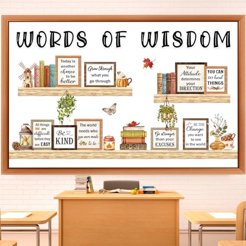 Qilery Bookshelf Bulletin Board Set, Motivational Words of Wisdom Cutouts for Classroom Decor, Rustic Boho Library Reading Nook Wall Posters, Inspirational Teacher Supplies for Back to School