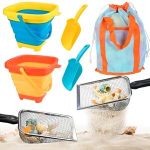QINGLER Beach Sand Toys with 2-Pack Collapsible Buckets & Shovels for Kids